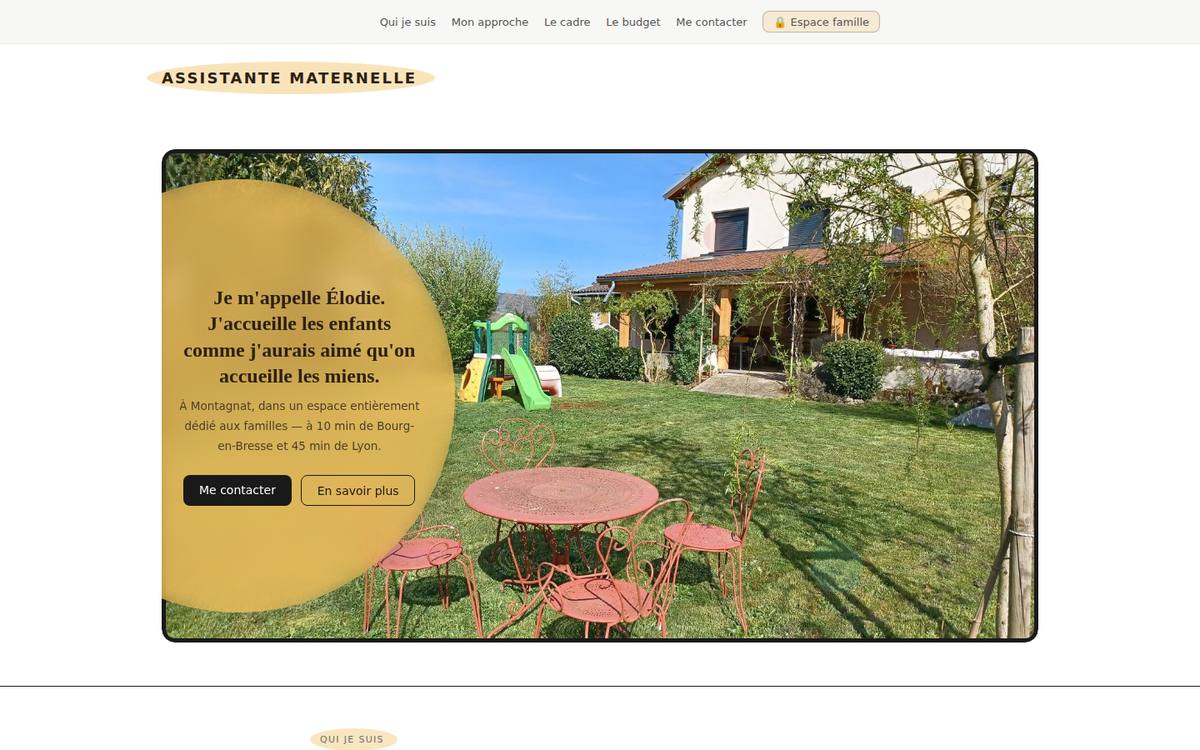 Page d'accueil du site d'Élodie : le jardin et l'aire de jeux en grande image, avec l'accroche « Je m'appelle Élodie ».
